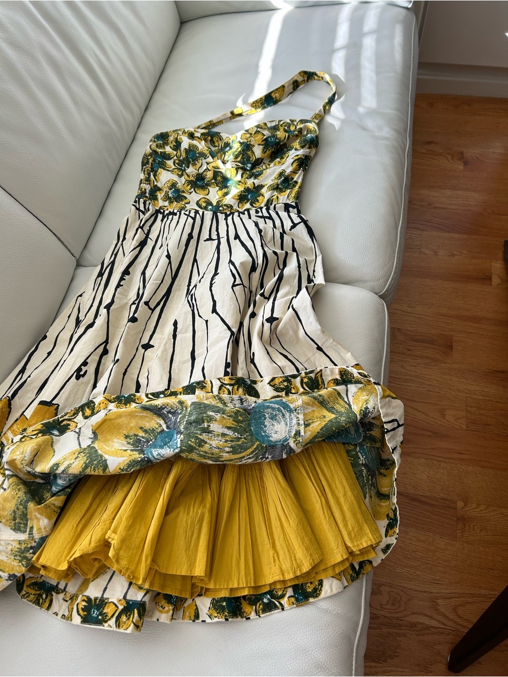 Floral-Print Cream Midi Dress with Mustard Lining